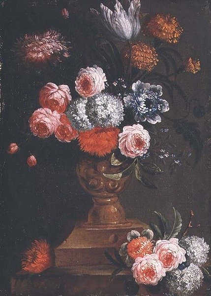Tulipaner, morgenfruer, viburnum, forglemmigej, roser og andre blomster i en urne af Jean Baptiste (attr. to) Bosschaert