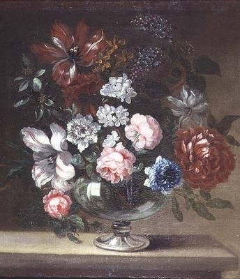 Roser, tulipaner og andre blomster i en vase af Jean Baptiste (follower of) Monnoyer