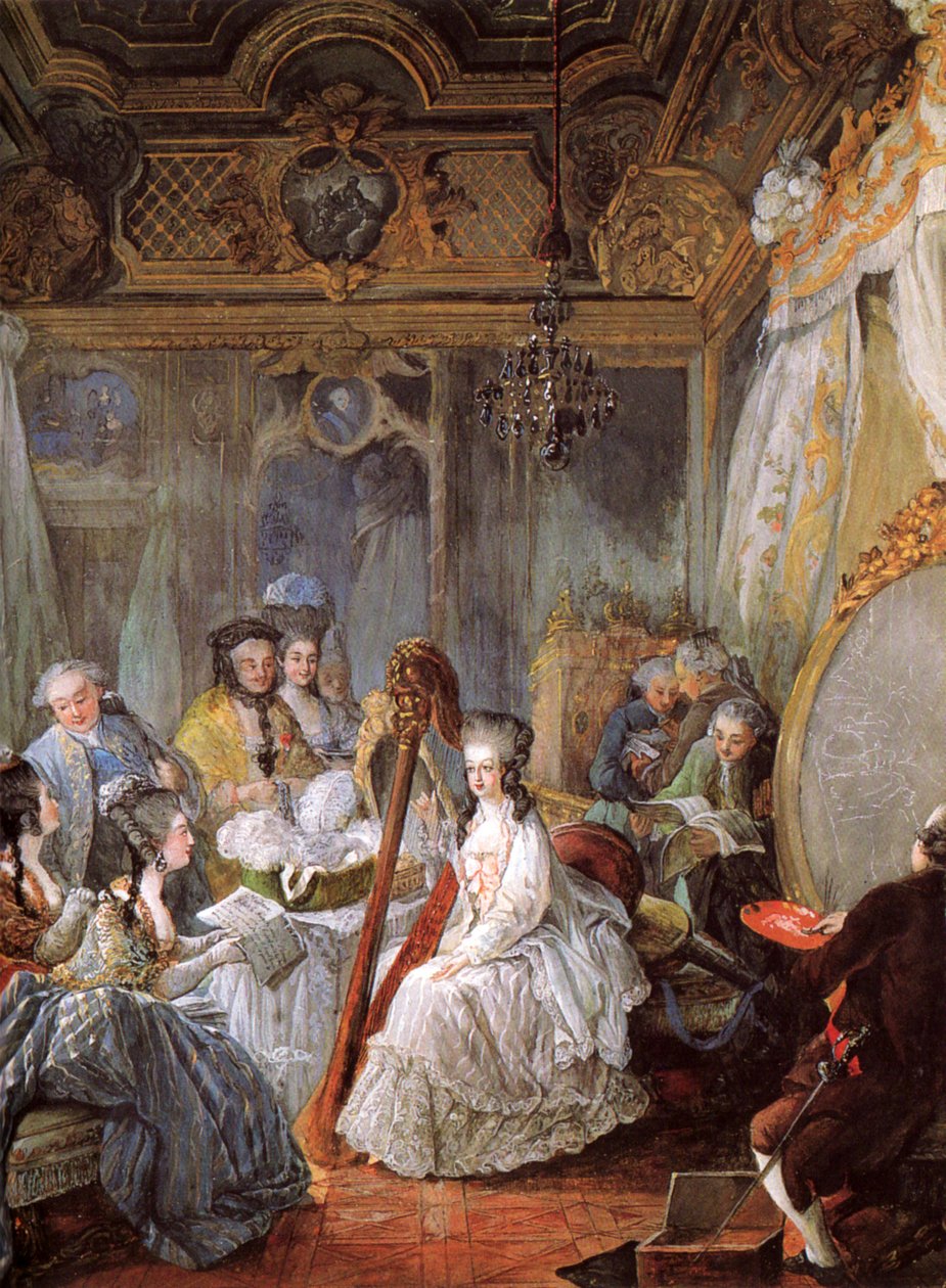 Fransk: Jean-Baptiste-André Gautier-Dagoty portraiturant la Reine dans sa chambre Marie Antoinette spiller harpe ved det franske hof af Jean Baptiste André Gautier Dagoty