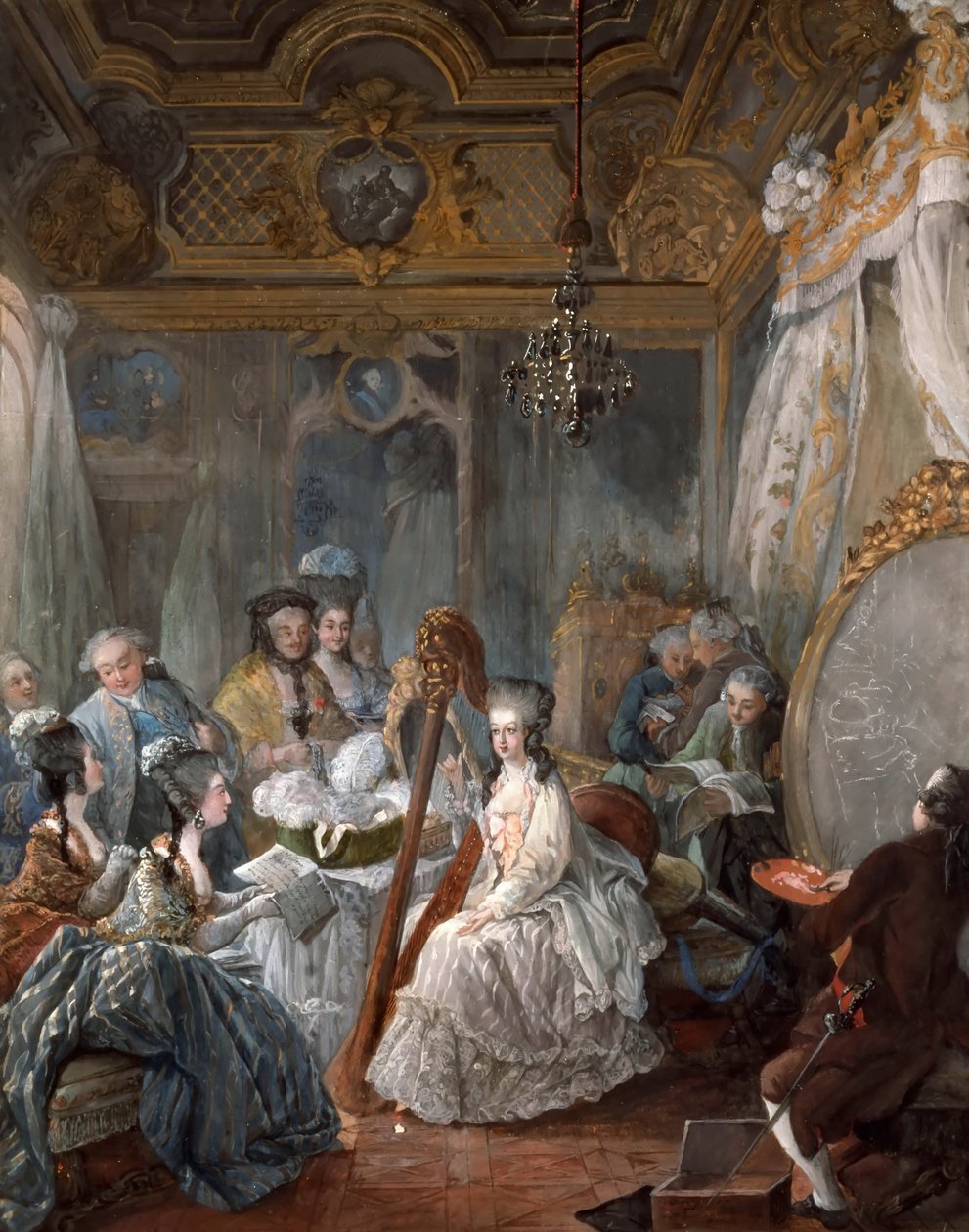 Marie Antoinette spiller på harpe af Jean Baptiste André Gautier Dagoty