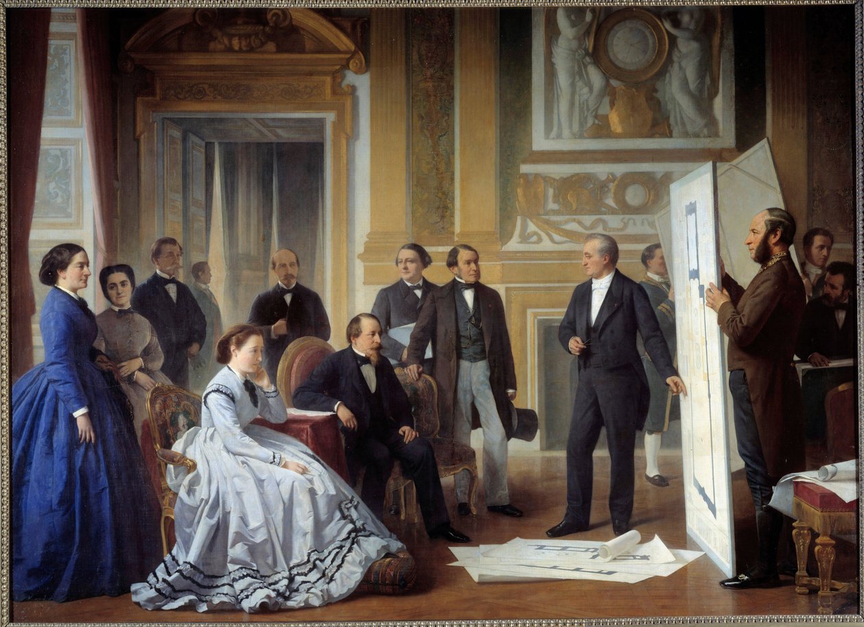 Arkitekten Louis Visconti (1791-1853) præsenterer for Napoleon III planen for det nye Louvre-maleri af Ange Tissier (1814-1876) 1865, olie på lærred af Jean Baptiste Ange Tissier