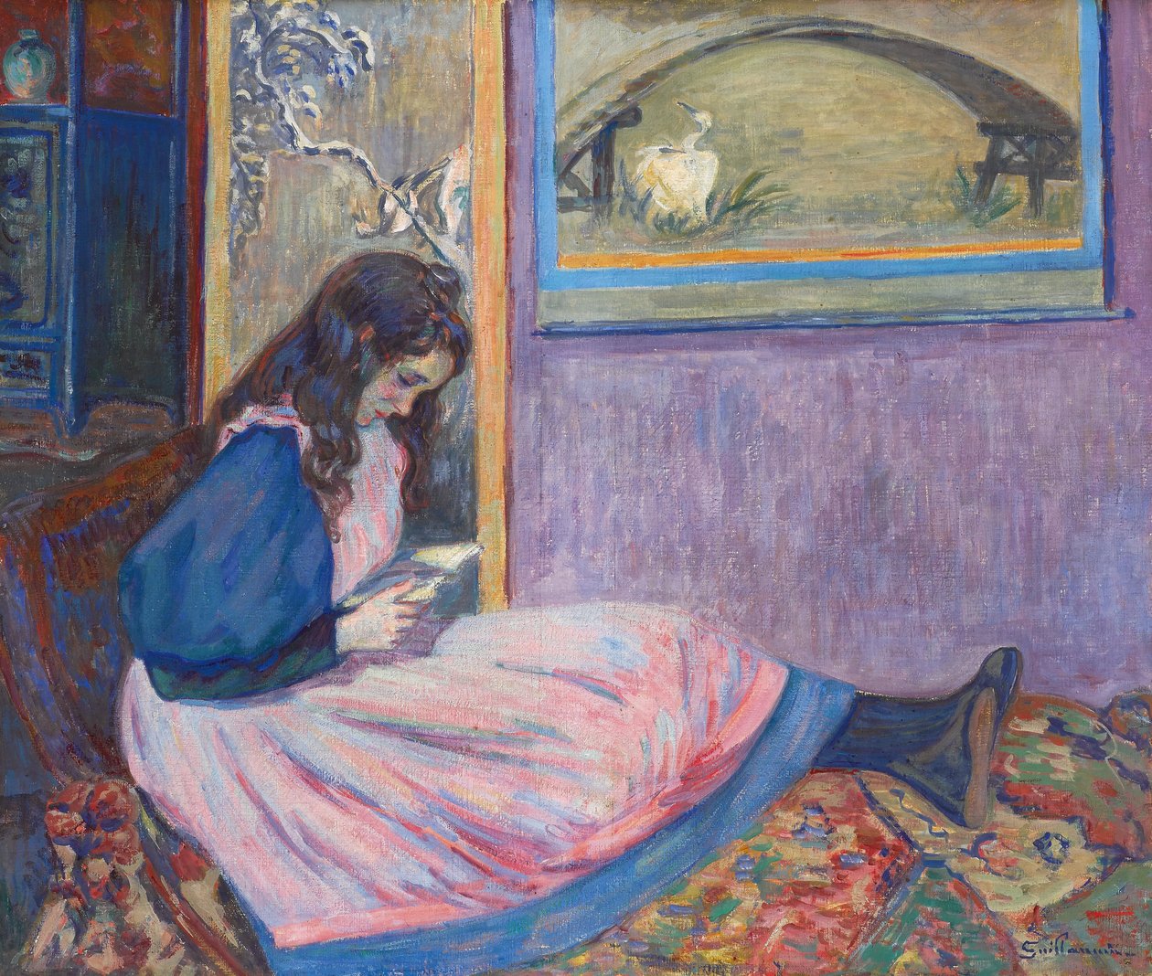 Foredrag - Oplæsning, af Guillaumin, Armand (1841-1927). Gouache og Tempera på lærred, ca 1890-1895. Mål: 60x73 cm. Privat samling af Jean Baptiste Armand Guillaumin