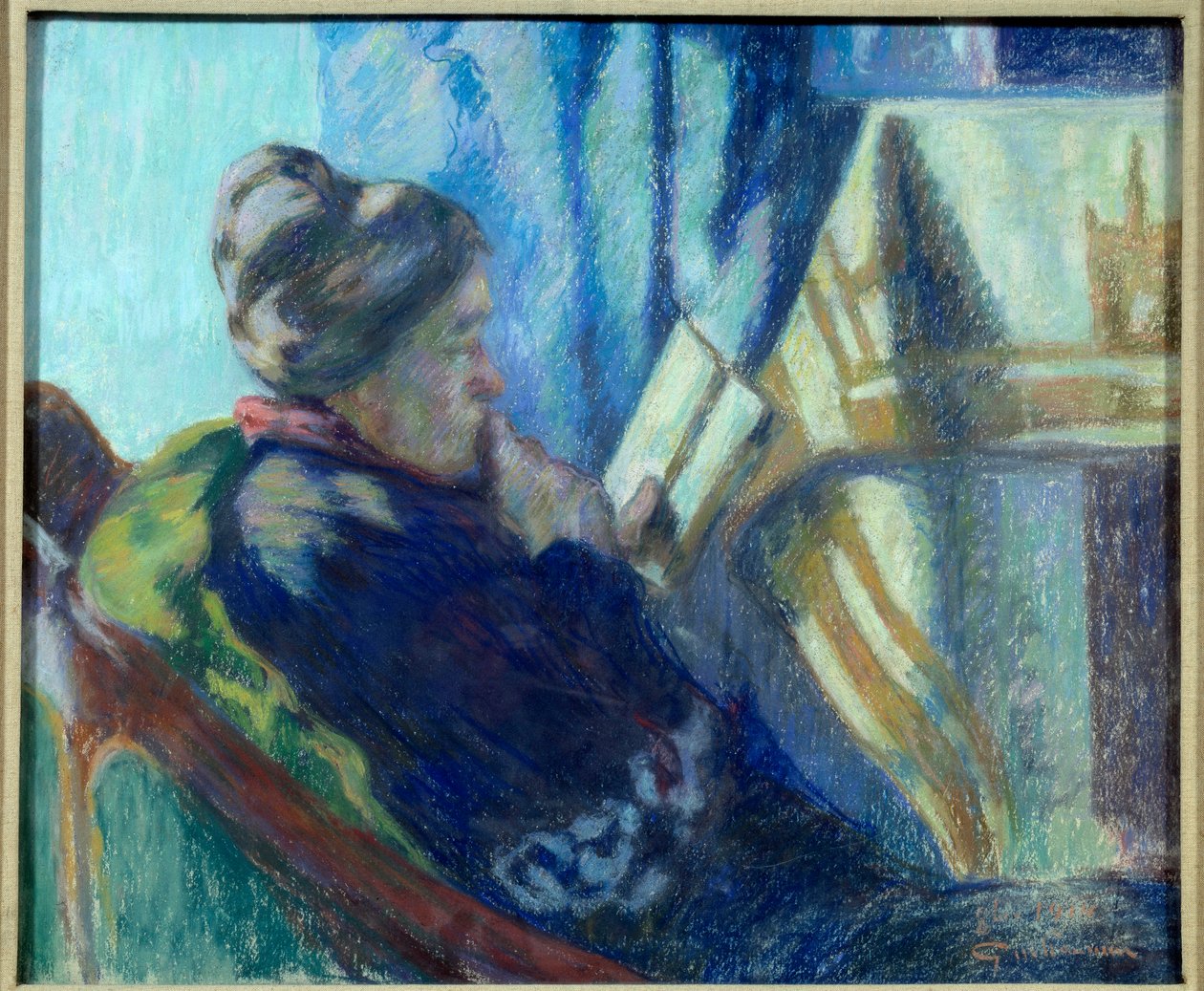 Læser Gammel kvinde læser en bog i sin stol. Maleri af Jean Baptiste Armand Guillaumin (1841-1927) 1800-tallets Metz, Musee des Beaux Arts af Jean Baptiste Armand Guillaumin