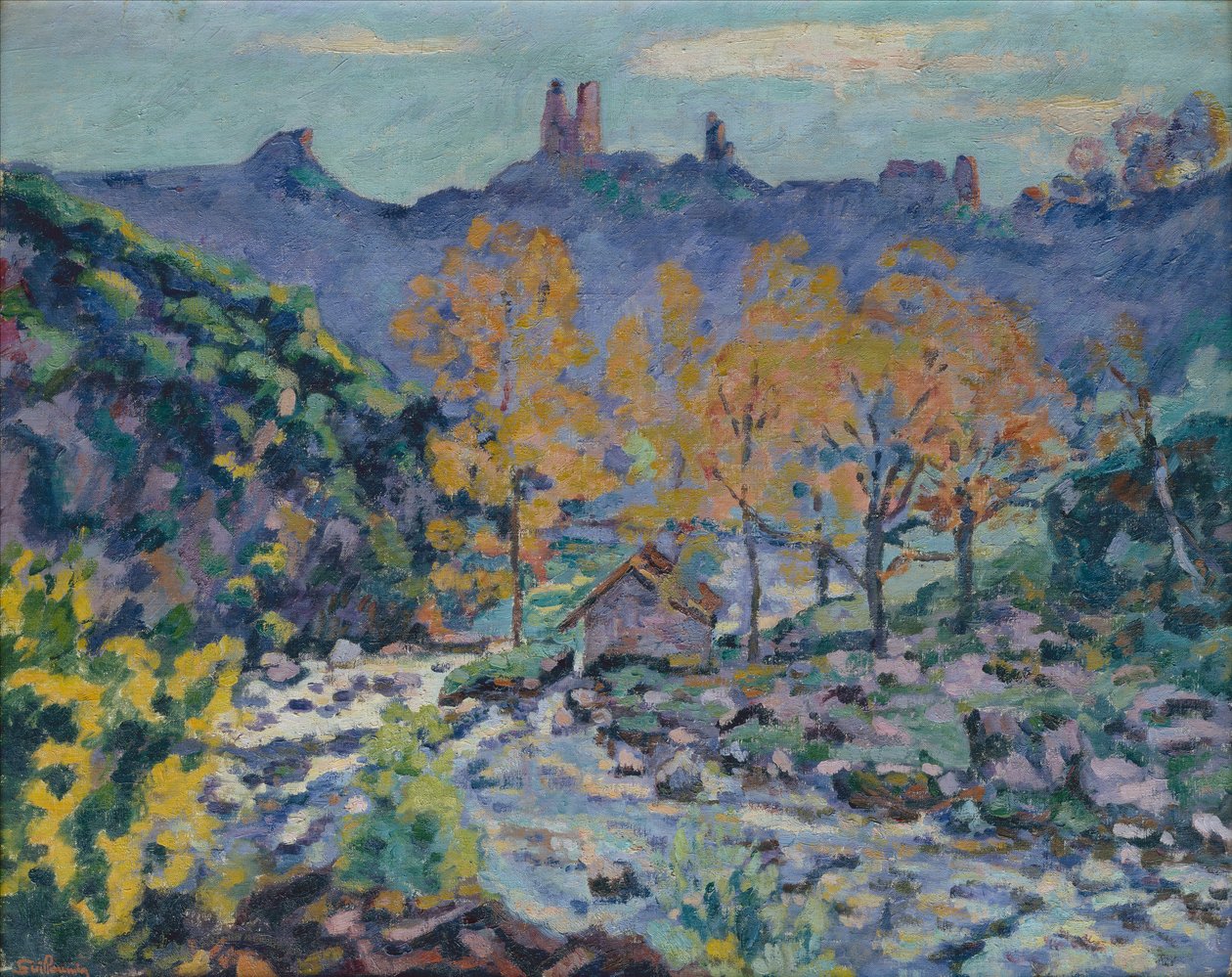 The Mill of Brigand og ruinerne af Crozant Castle, Creuse, ca. 1900 (olie på lærred) af Jean Baptiste Armand Guillaumin