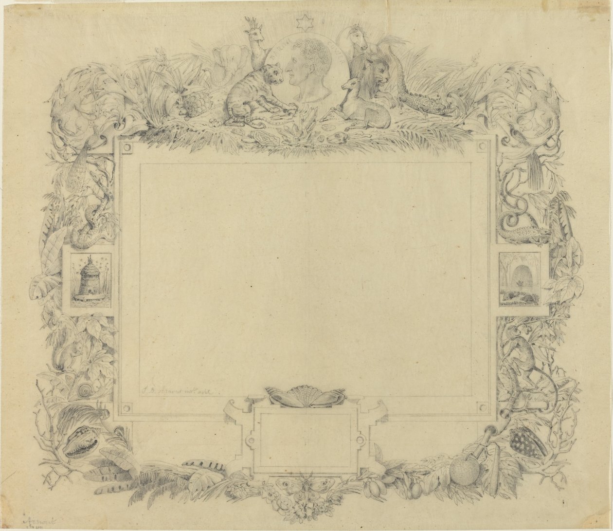 Design til en grænse med et portræt af baron Cuvier af Jean Baptiste Arnout