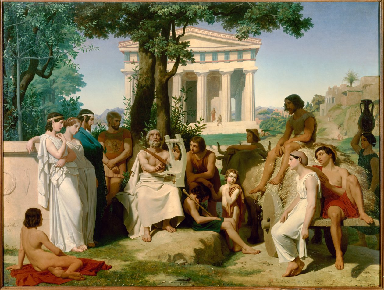 Homere, græsk digter fra det 9. århundrede f.Kr. Maleri af Jean-Baptiste Auguste Leloir (1809-1892) fra 1841 (147x195 cm). . af Jean Baptiste Auguste Leloir