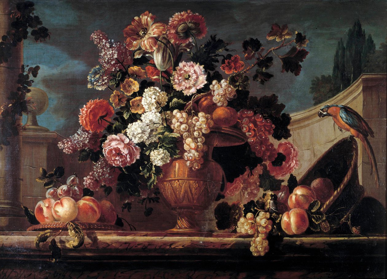 Blomster, frugter og papegøjer Maleri af Jean Blin (eller Blain eller Belin) fra Fontenay (1653-1715) 1700-tallets Orleans. Museum for Skønne Kunster af Jean Baptiste Belin de Fontenay