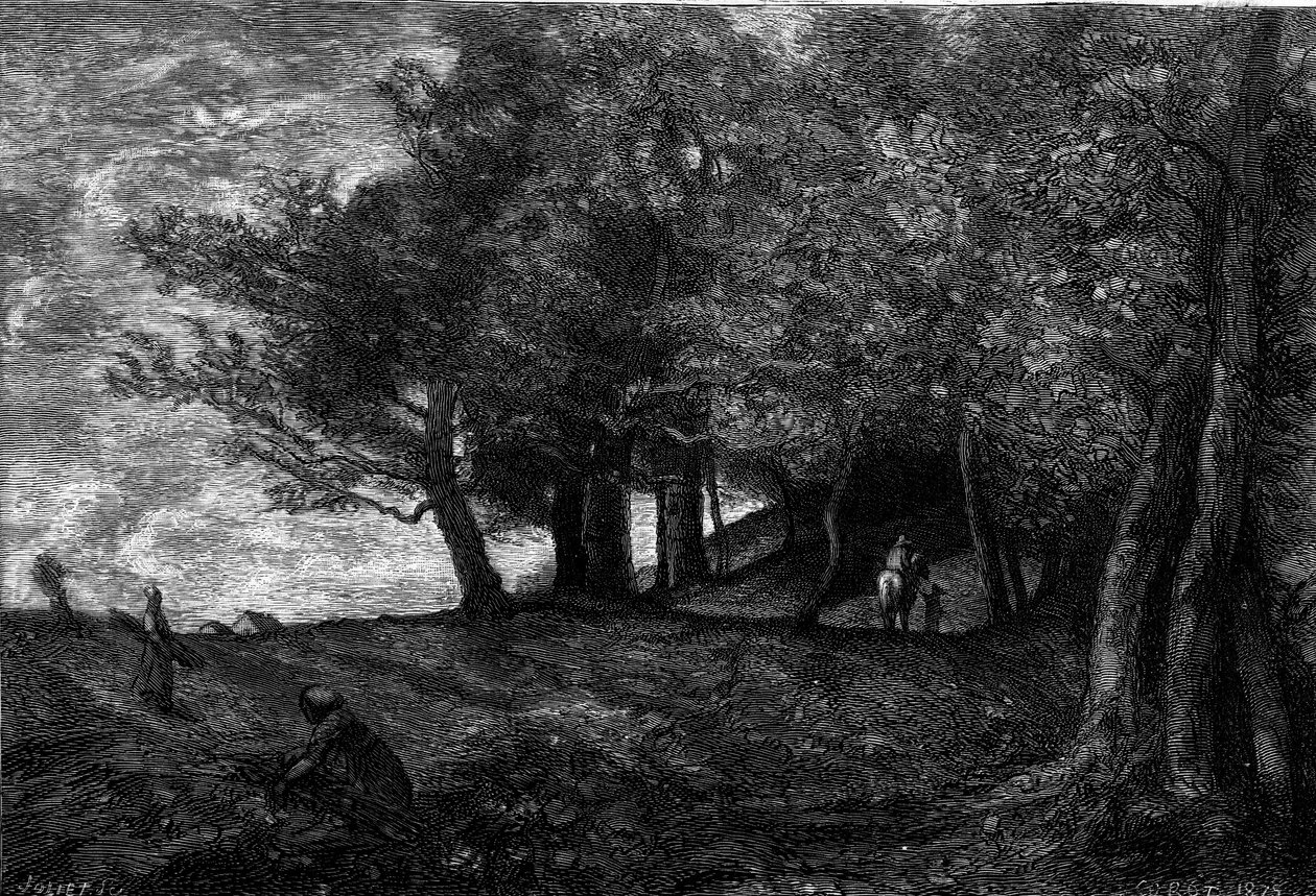 Bucherons (1870-1871). Gravering efter maleriet af Jean Baptiste Camille Corot (1796-1875) i "" The Illustrous World"" nr. 1209 af 29. maj af Jean Baptiste Camille (after) Corot