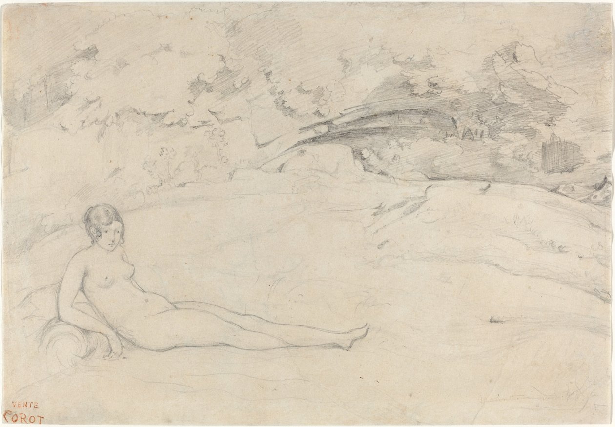 En nøgen tilbagelænet i et landskab af Jean Baptiste Camille Corot