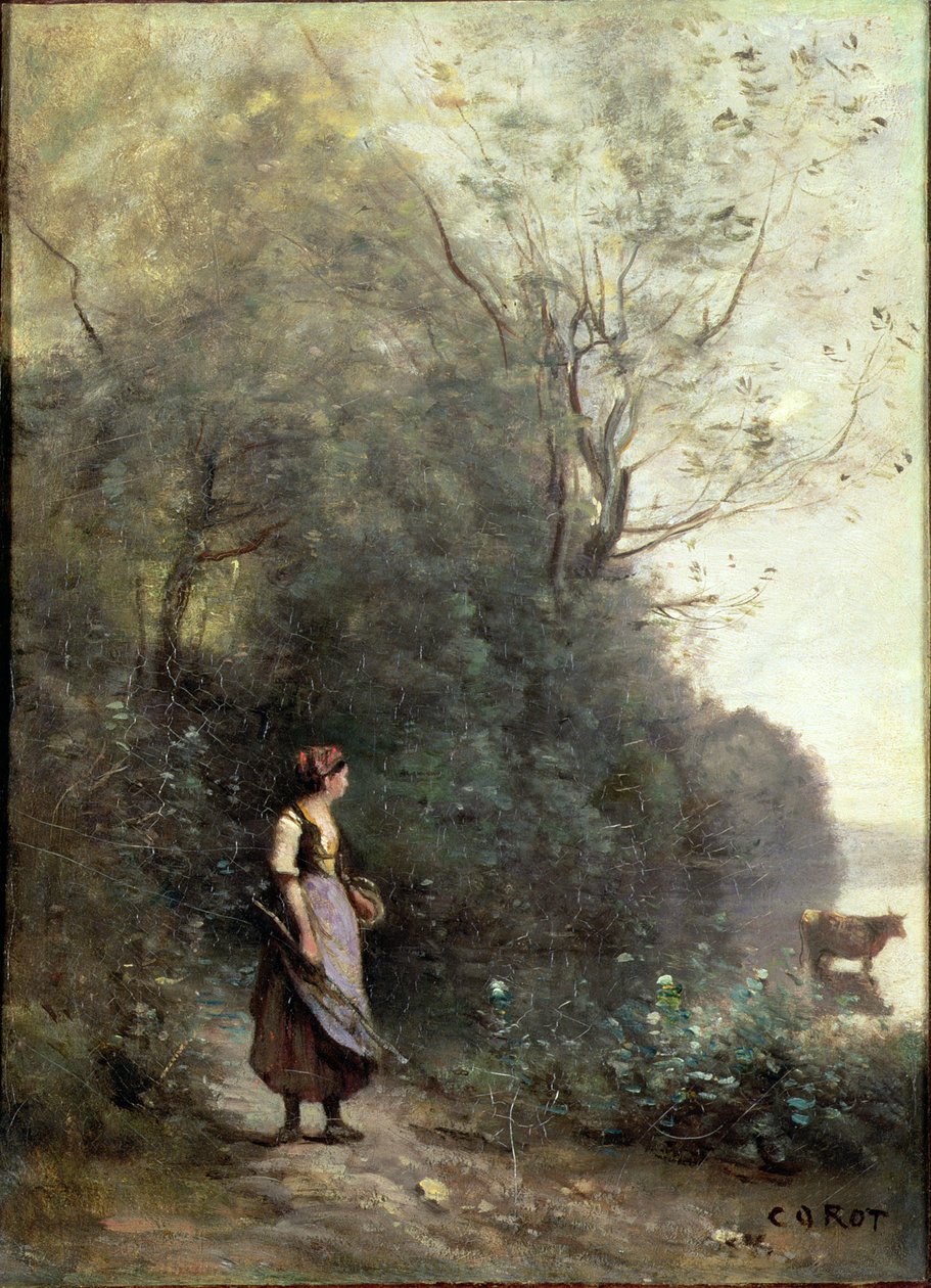 En bondekvinde græsser en ko i udkanten af en skov, ca. 1865-70 af Jean Baptiste Camille Corot
