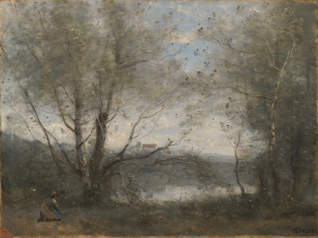 En Dam Set gennem Træerne af Jean Baptiste Camille Corot