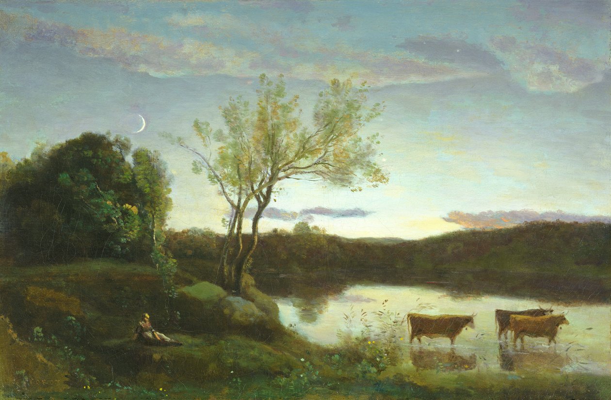 En dam med tre køer og en halvmåne, ca. 1850 af Jean Baptiste Camille Corot