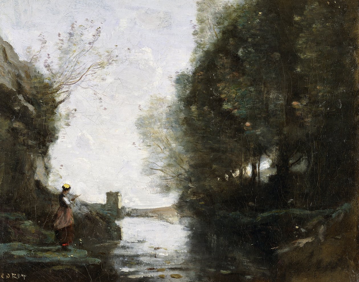 En flod med et firkantet tårn og en bonde i forgrunden, ca. 1865-70 af Jean Baptiste Camille Corot