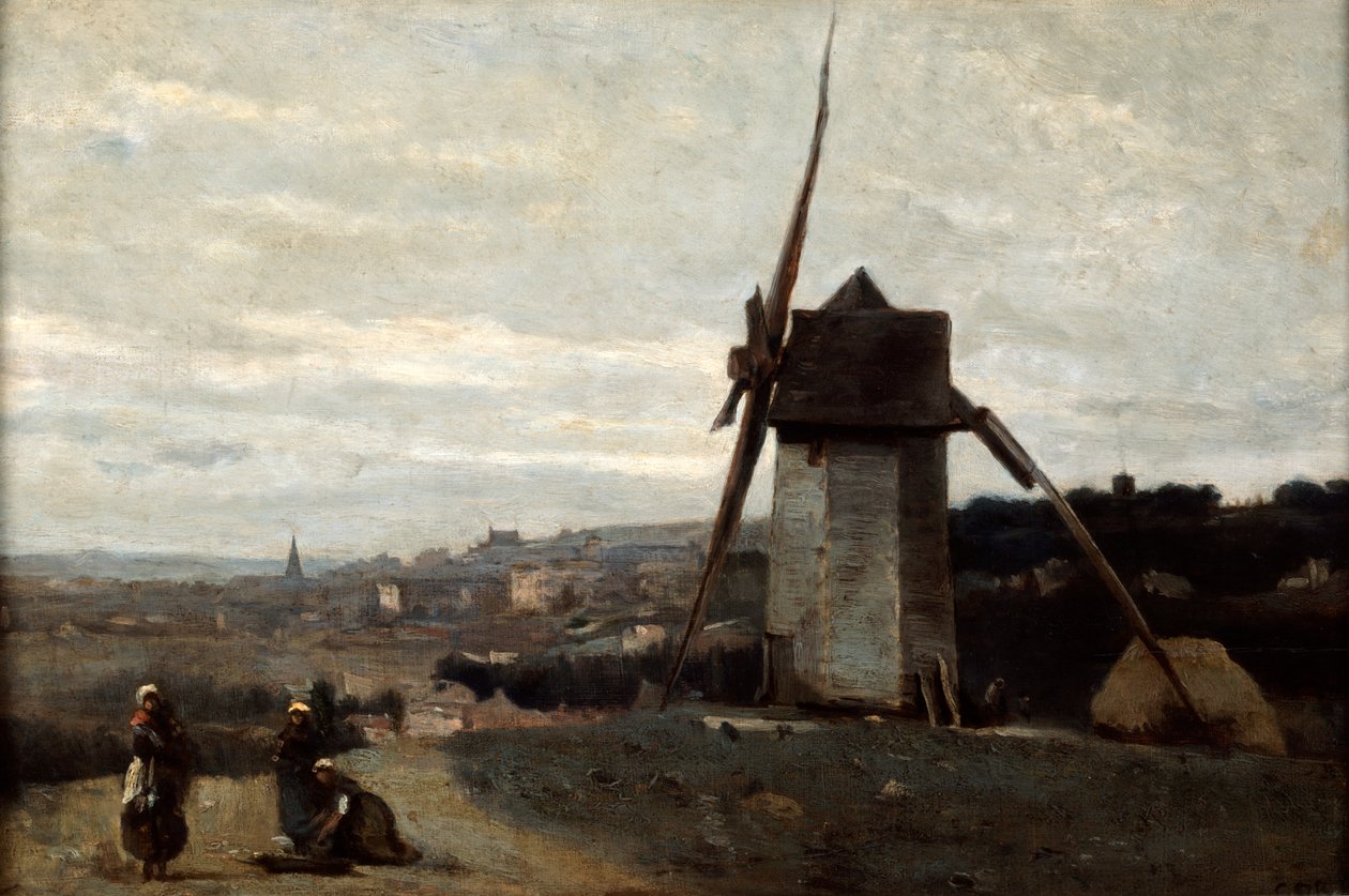 En vindmølle, Etretat, 1800-tallet. af Jean Baptiste Camille Corot
