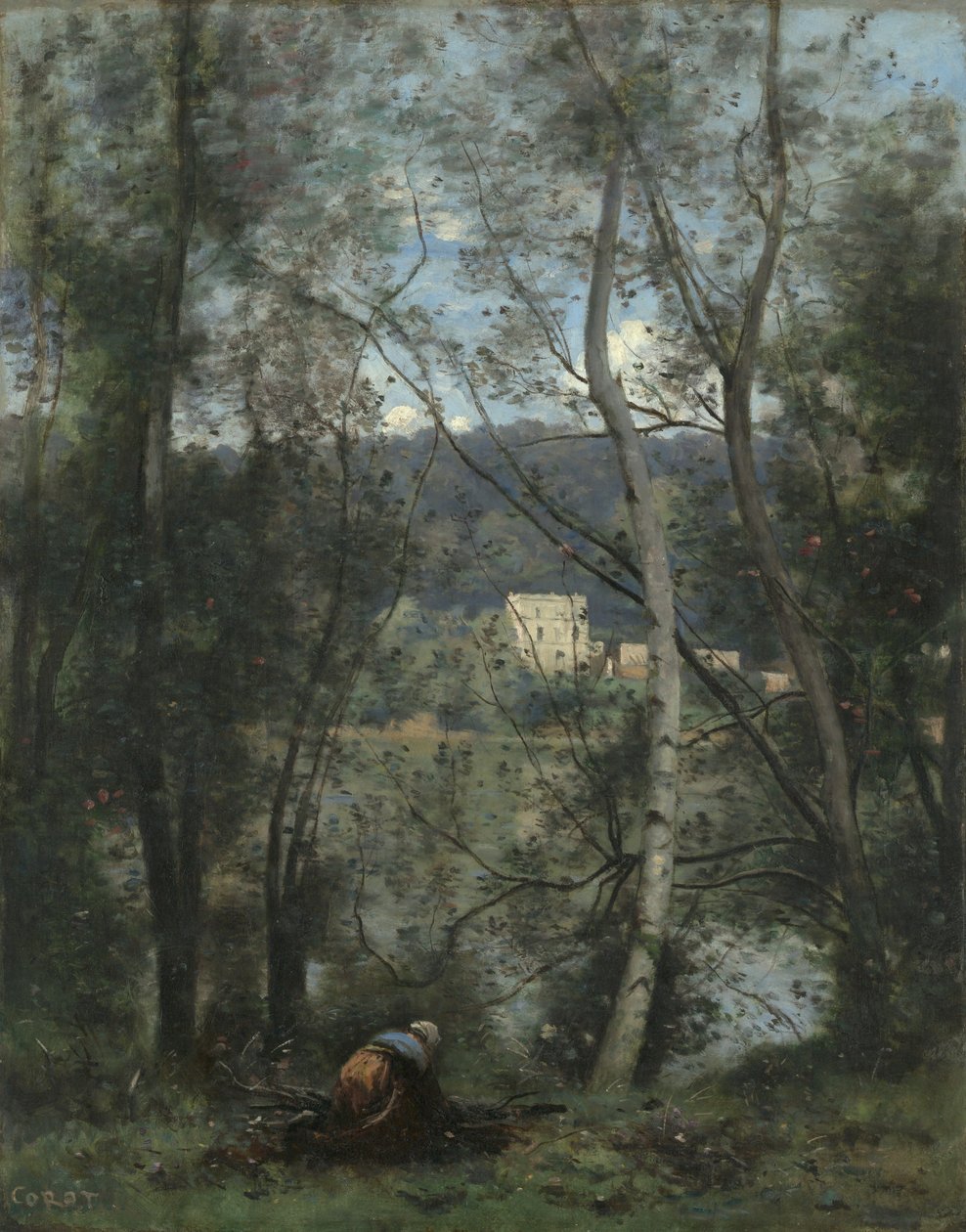 En kvinde, der samler fagots i Ville-dAvray, ca. 1871-74. af Jean Baptiste Camille Corot