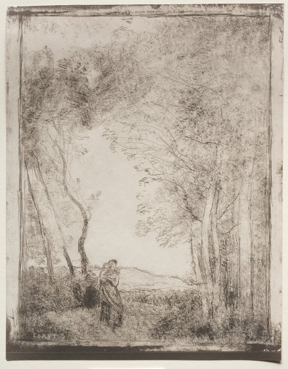 A Young Mother at the Entrance of a Wood, originalt aftryk 1856, trykt i 1921. af Jean Baptiste Camille Corot