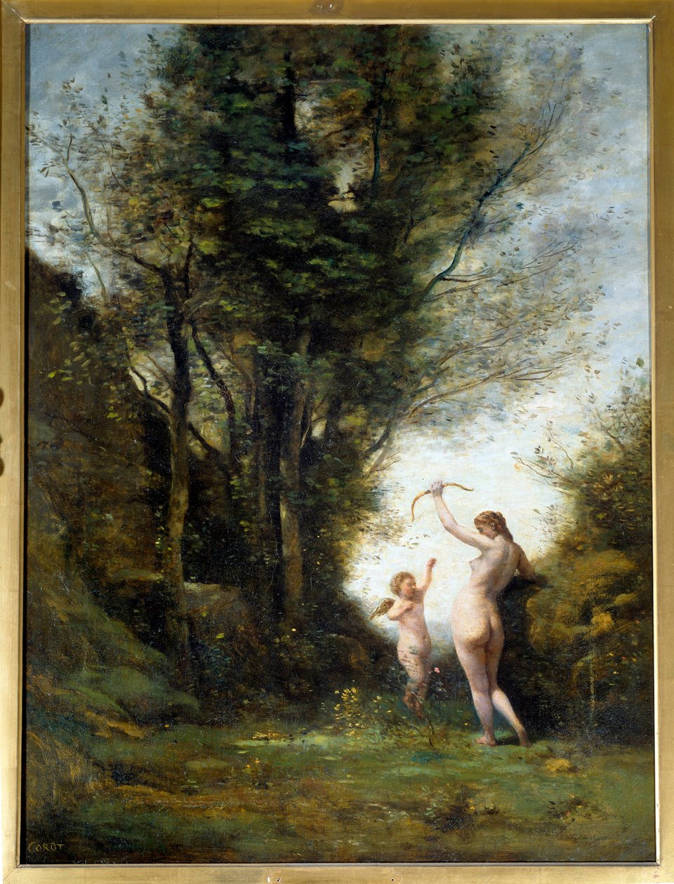 En nymfe, der leger med en kærlighed. Maleri af Camille Corot (1796-1875) af Jean Baptiste Camille Corot
