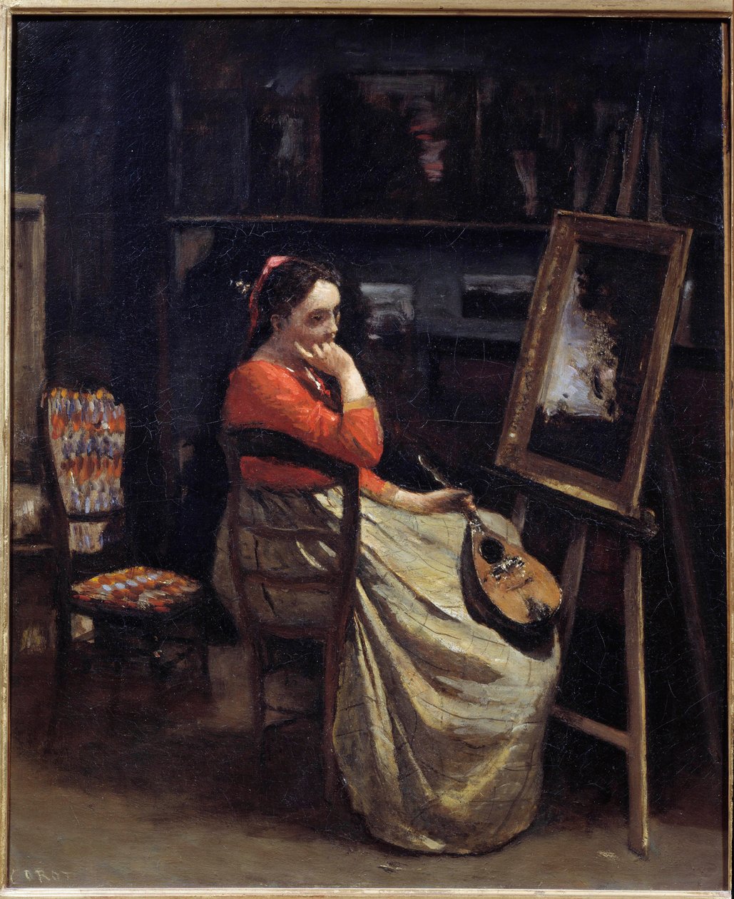 En eftertænksom ung kvinde, en mandolin i hånden, i malerens atelier Maleri af Camille Corot (1796-1875) 1865 Søn. 0,56x0,46 m Paris, Musee d