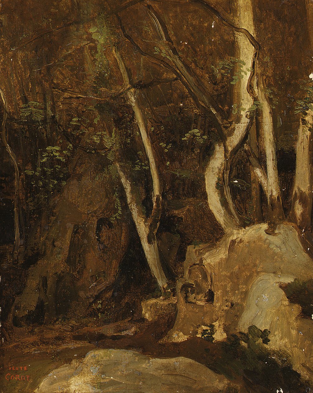 Ved Civita Castellana, Wooded Rocks, 1825-28 af Jean Baptiste Camille Corot