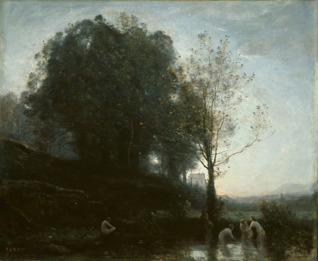 Badende nymfer og barn af Jean Baptiste Camille Corot
