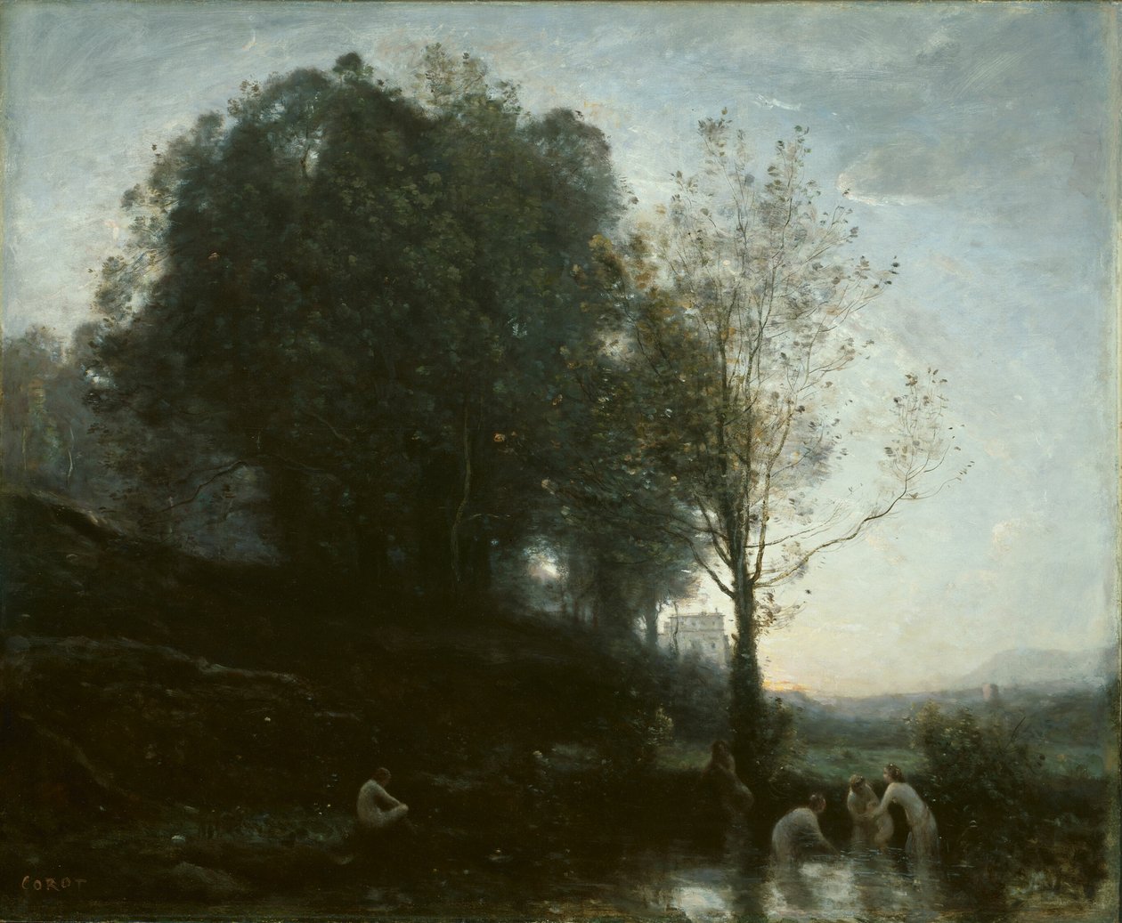 Badende nymfer og barn af Jean Baptiste Camille Corot