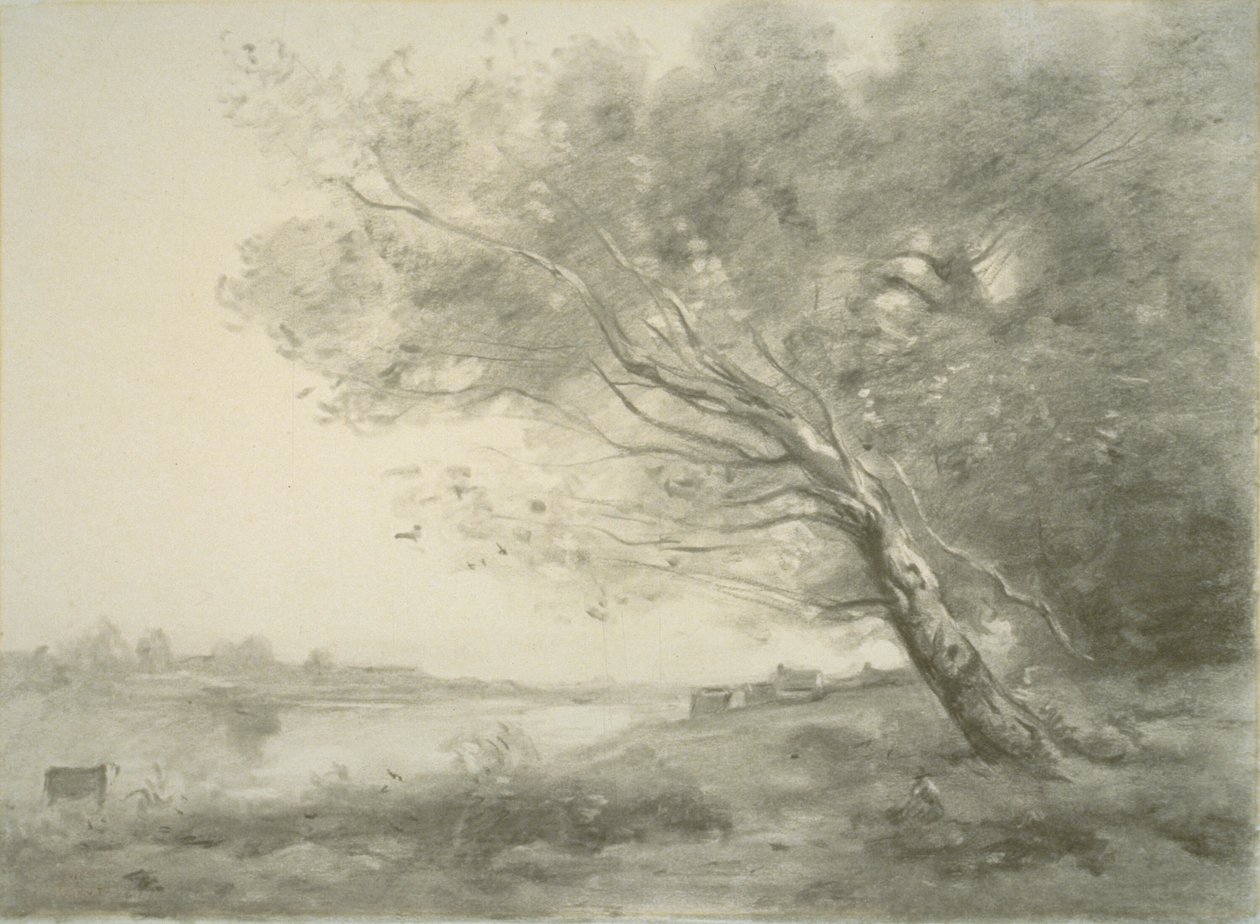 Bøjet træ ved vandet af Jean Baptiste Camille Corot