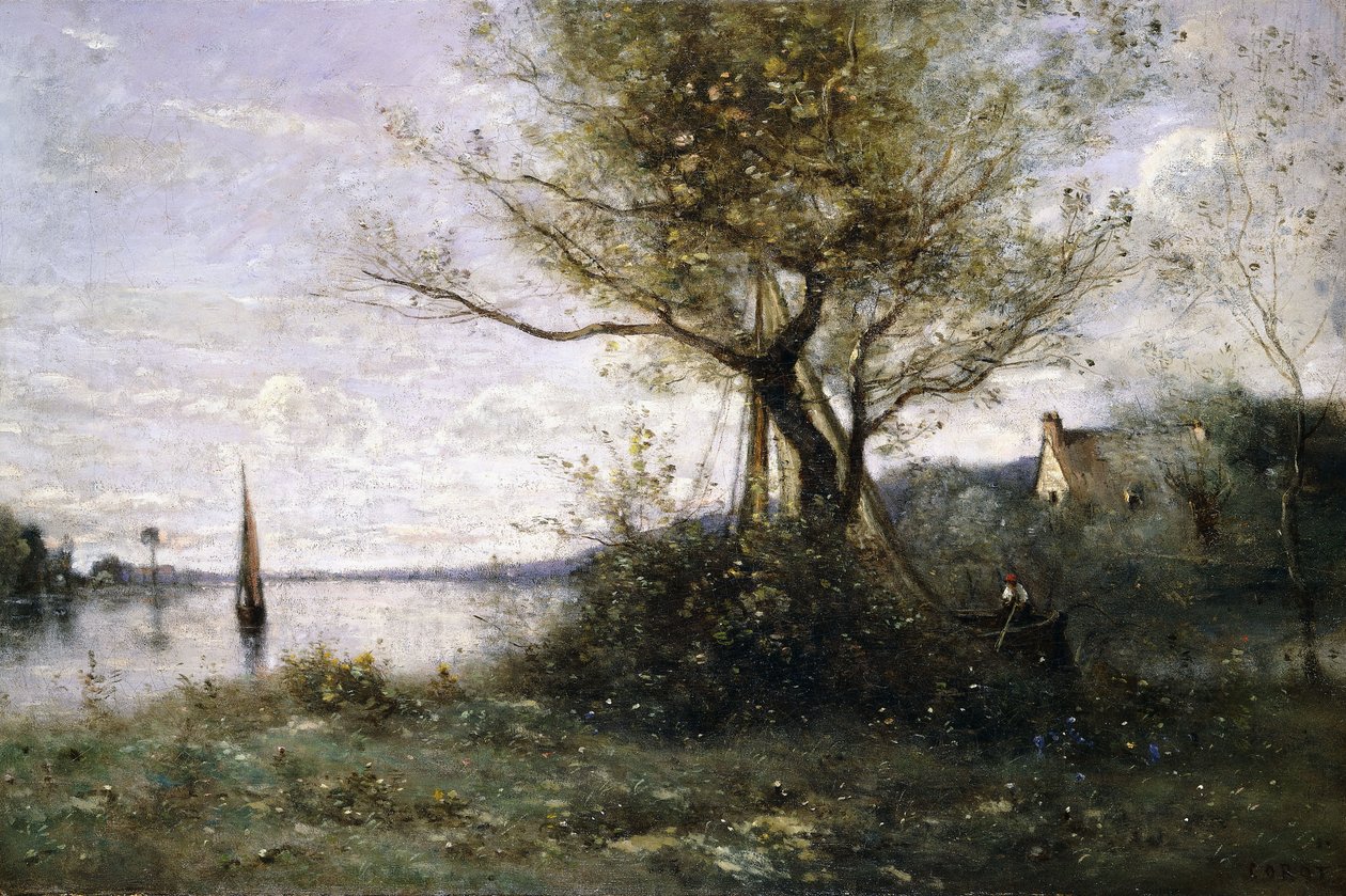 Båd ved kanten af øen, af Jean Baptiste Camille Corot