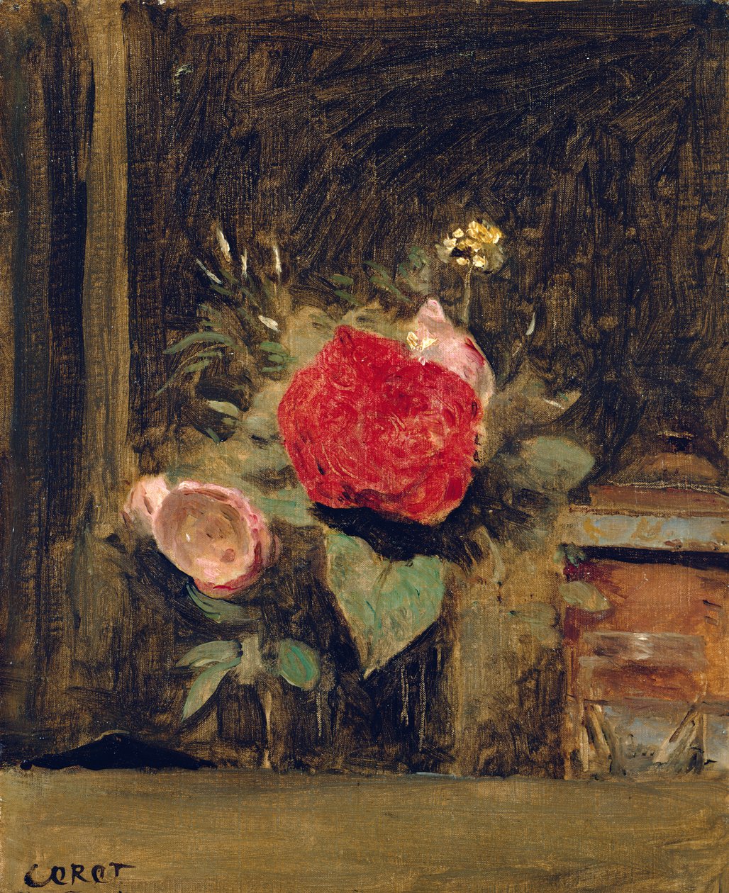 Buket blomster i et glas ved siden af en tobaksgryde, ca. 1873-74 af Jean Baptiste Camille Corot