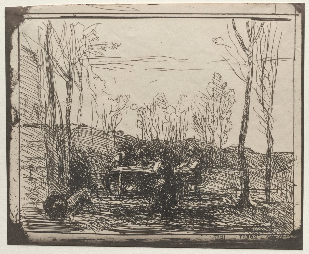 Breakfast in a Glade, originalt aftryk 1857, trykt i 1921. af Jean-Baptiste-Camille Corot