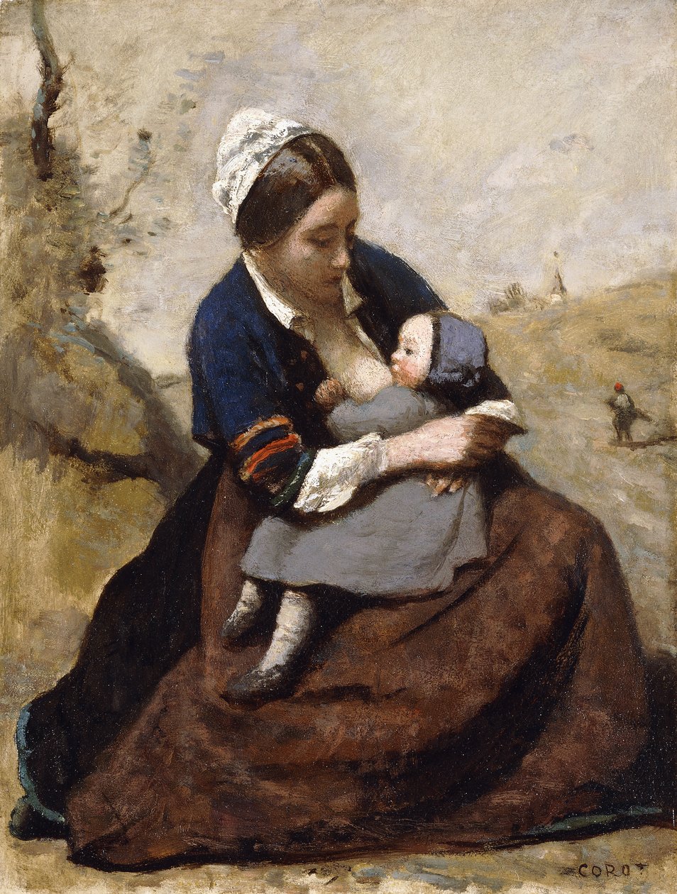 Breton, der ammer sit barn; Breton, der ammer sit barn, 1855-1860 af Jean Baptiste Camille Corot