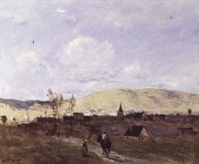 Cavalier i syne af en landsby af Jean Baptiste Camille Corot