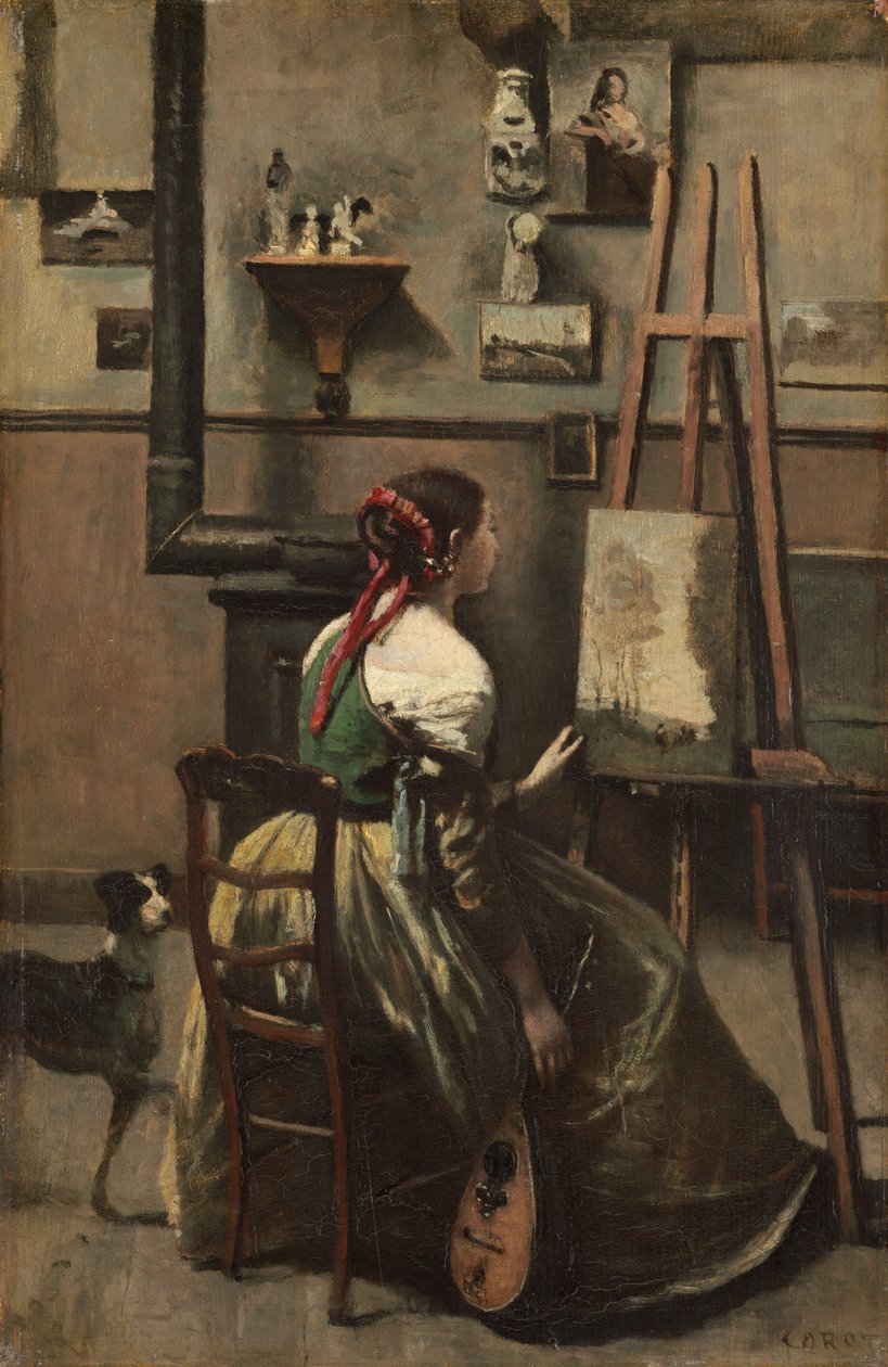 Corots studie: kvinde, der sidder foran et staffeli, en mandolin i hånden, ca. 1868. af Jean Baptiste Camille Corot