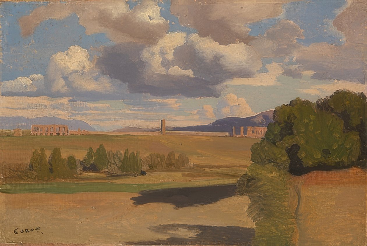 Den romerske Campagna med Aqua Claudia. Sandsynligvis 1826 af Jean Baptiste Camille Corot