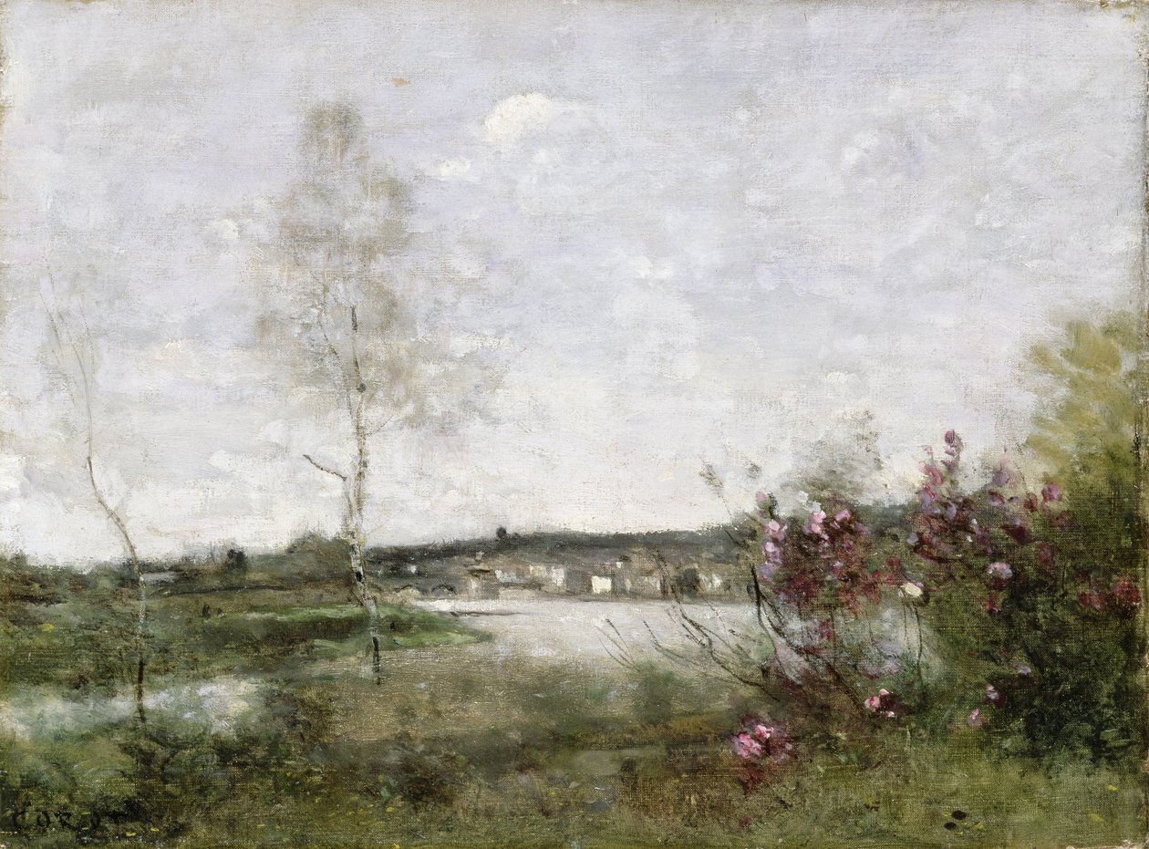 Fjernudsigt over Corbeil, morgen, ca. 1870 (olie på lærred) af Jean Baptiste Camille Corot
