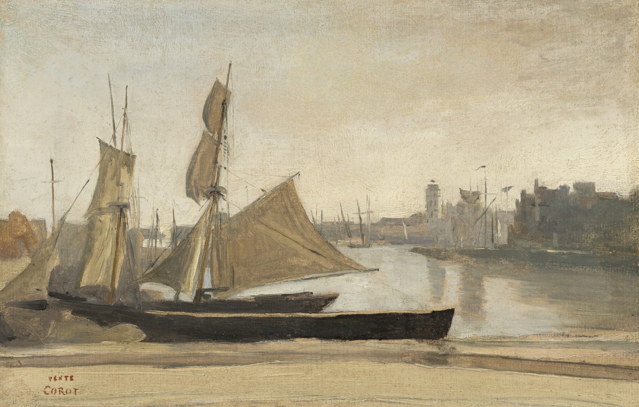 Dunkerque, fiskerbåde bundet til kajen, ca. 1830 af Jean Baptiste Camille Corot