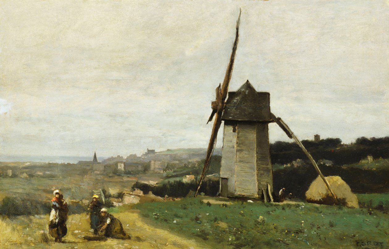 Etretat-a vindmølle, af Jean Baptiste Camille Corot