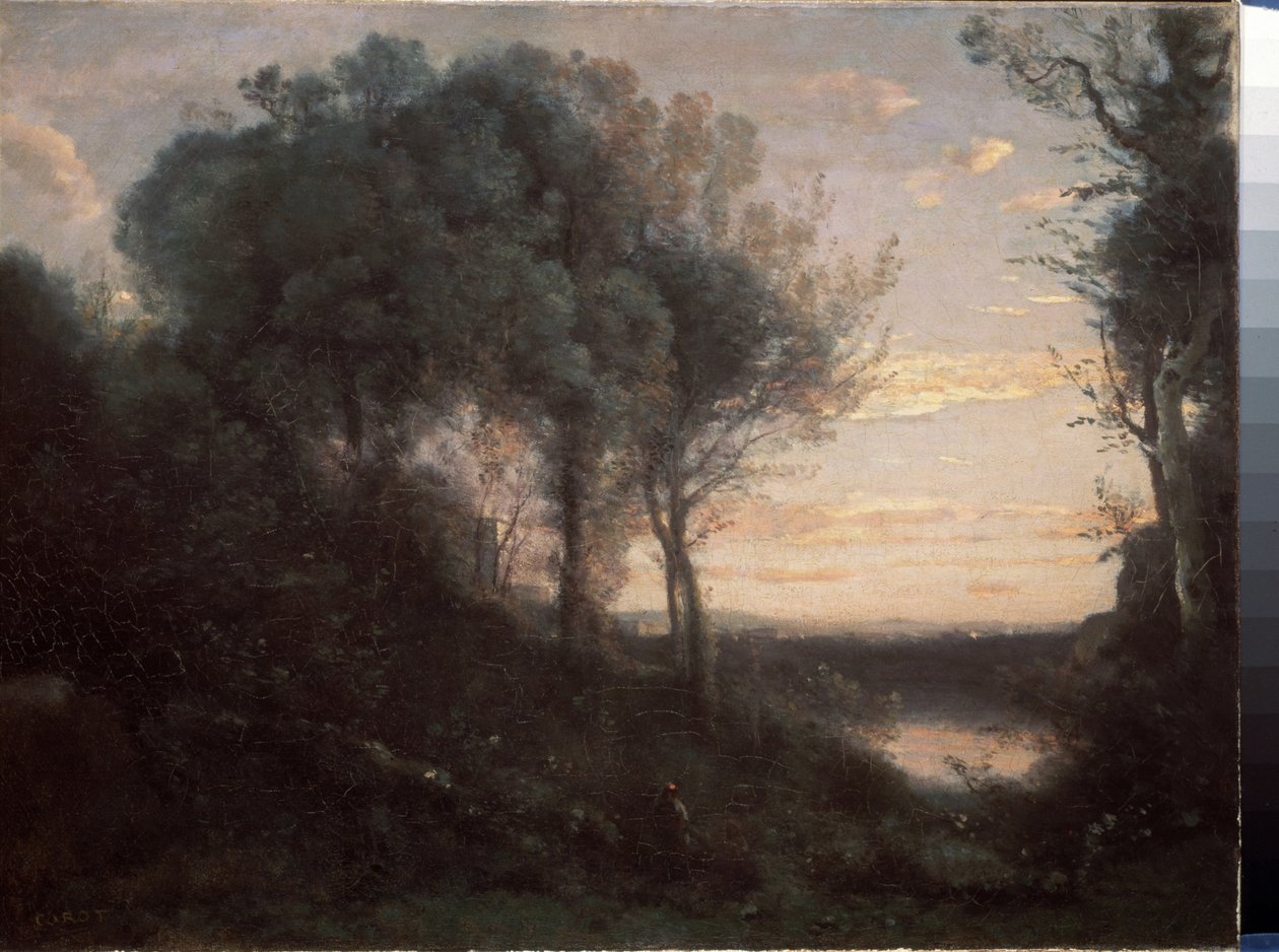 Aften, ca. 1860 (Olie på lærred) af Jean Baptiste Camille Corot