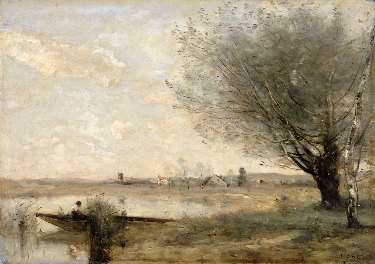 Fisker fortøjet ved en bank (olie på lærred) af Jean Baptiste Camille Corot