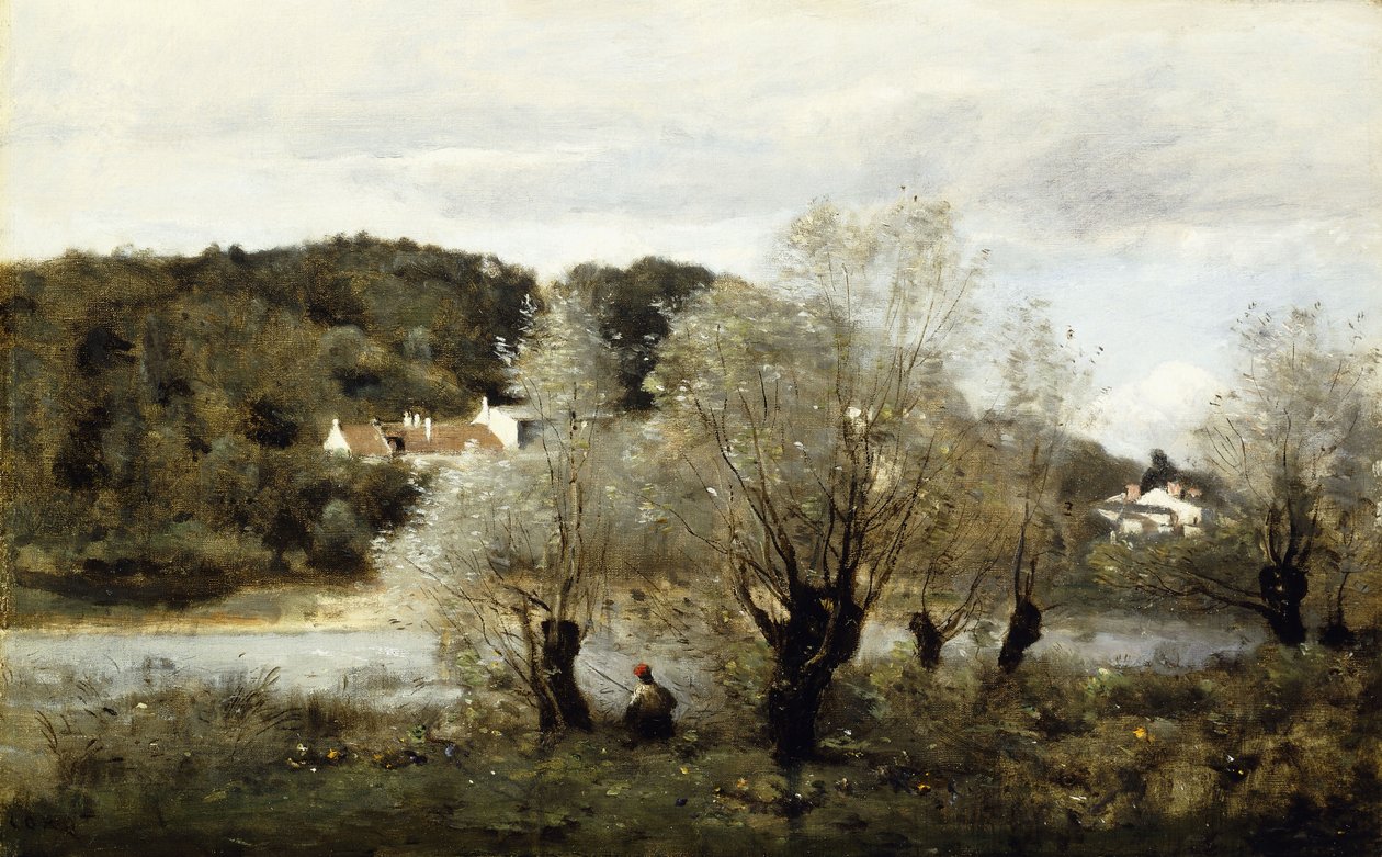 Fisker på kanten af en dam i landsbyen Avary; Pecheur au Bord de L"Etang a Ville d"Avray, ca. 1850-55 af Jean Baptiste Camille Corot