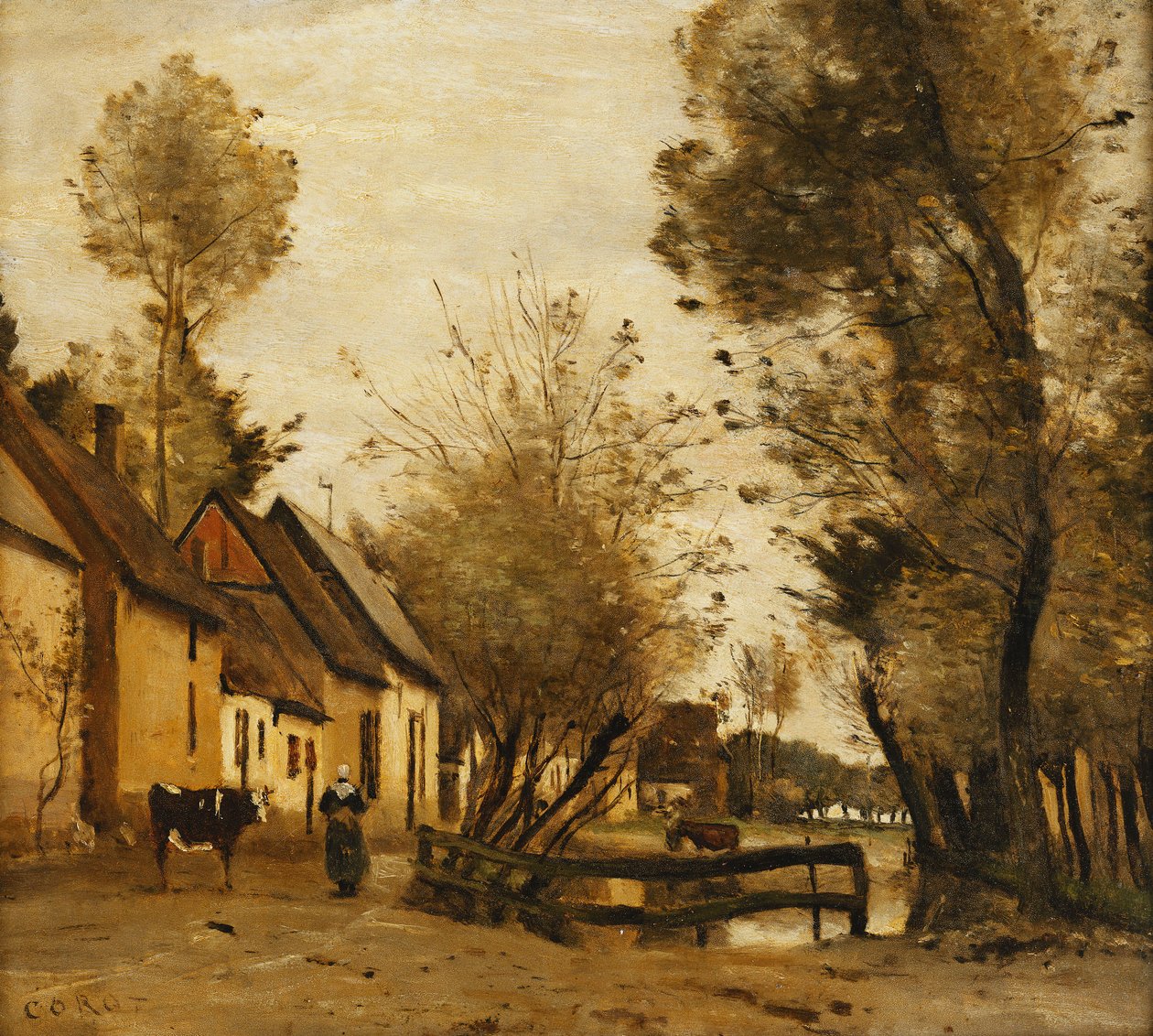 Flesselles, Gade med Bonde og Ko; Flesselles, en gade med en bondekvinde og hendes ko, ca. 1862-1865 af Jean Baptiste Camille Corot