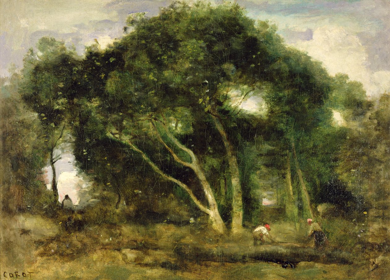Fontainebleau: Leaning Oaks in a Forest Clearing, ca. 1830-40 (olie på lærred) af Jean Baptiste Camille Corot