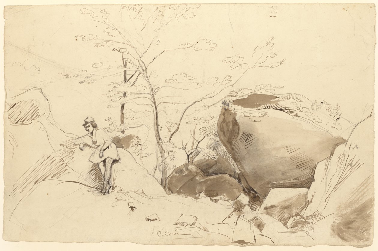 Fontainebleau, figur læner sig op ad en klippe af Jean Baptiste Camille Corot