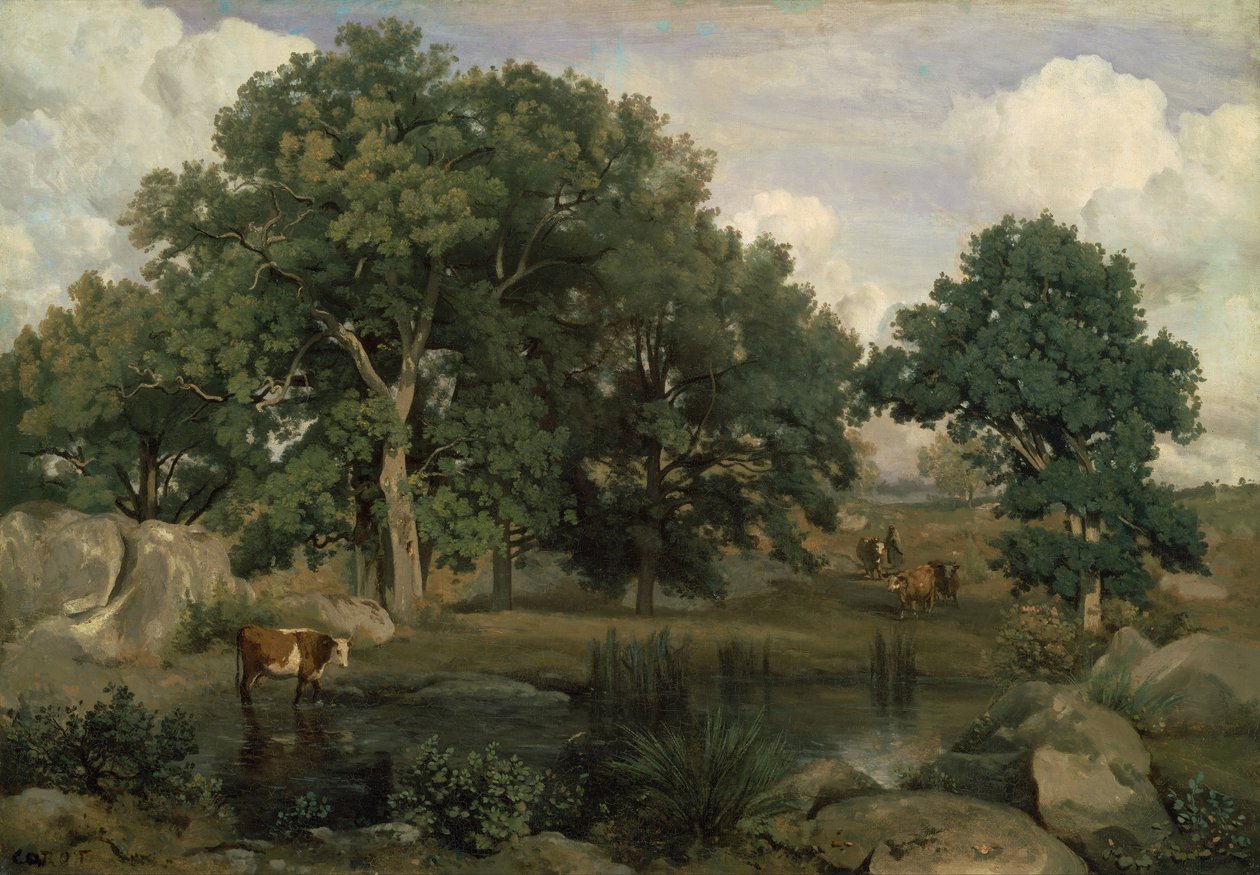 Fransk: Forêt de Fontainebleau Fontainebleau-skoven af Jean Baptiste Camille Corot