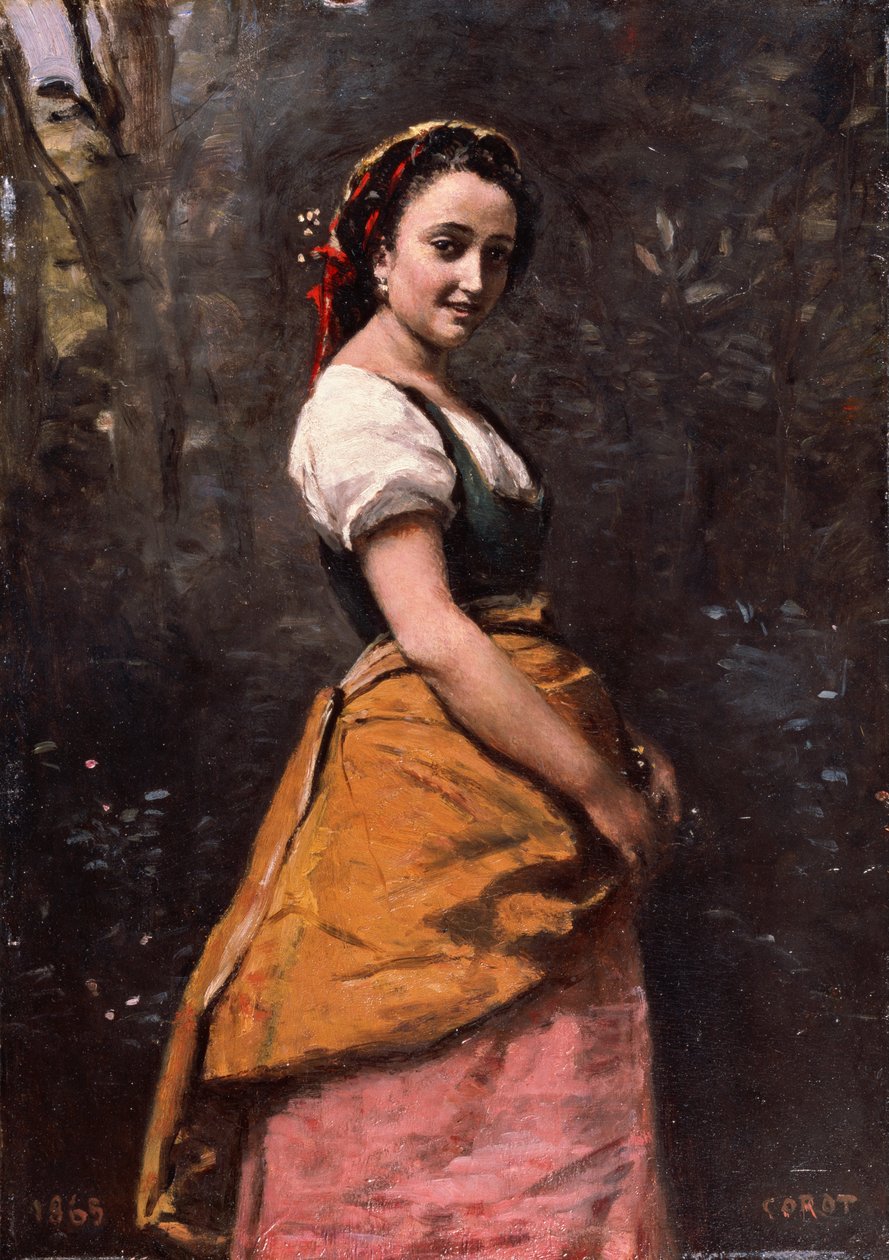 Fransk:  Jeune femme en forêt Ung kvinde i skoven af Jean Baptiste Camille Corot