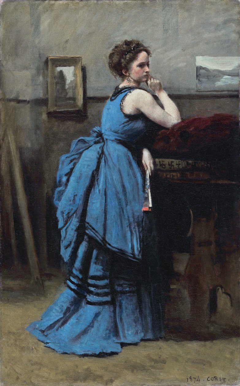 Fransk:  La dame en bleu Dame i blåt af Jean Baptiste Camille Corot