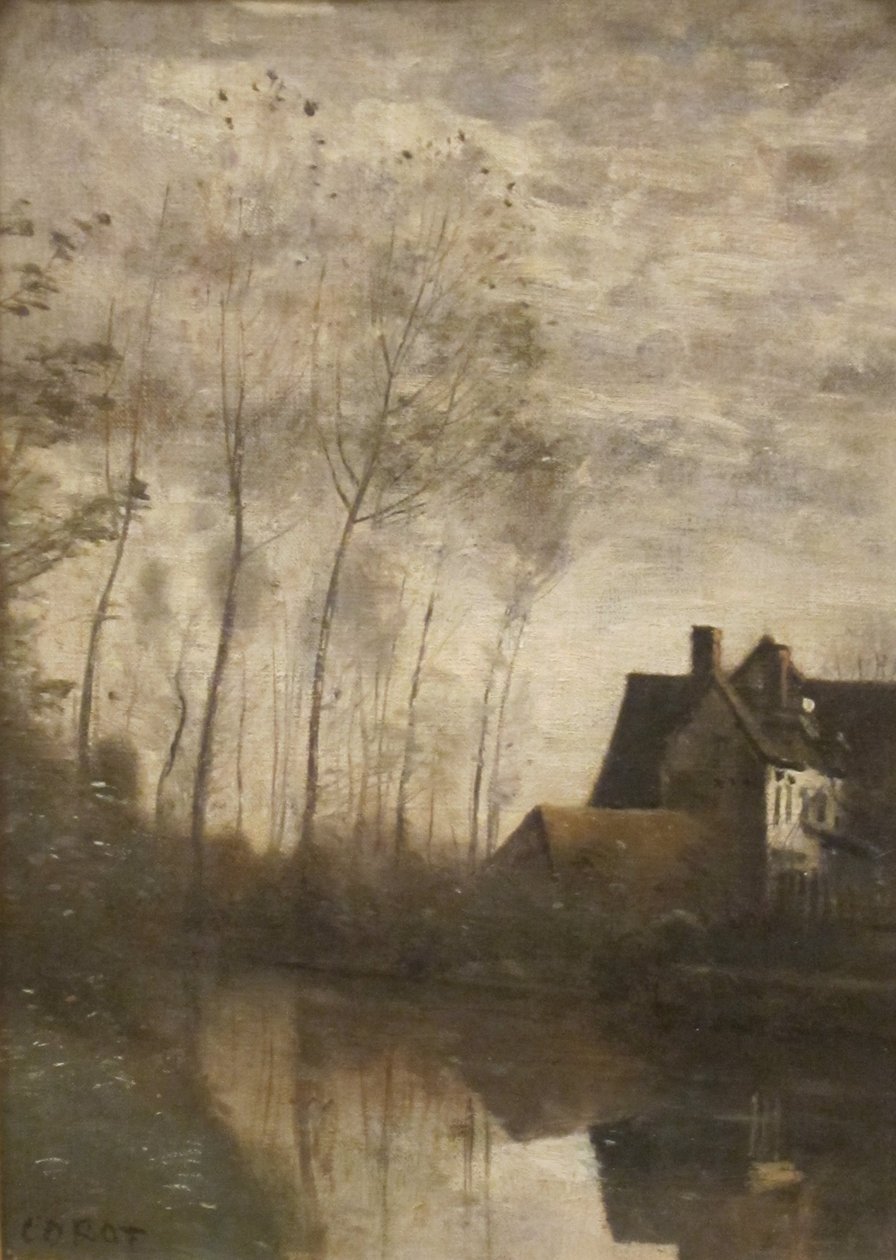 Fransk: Scène de rivière avec maisons et peupliers En flodscene med huse og popler af Jean Baptiste Camille Corot