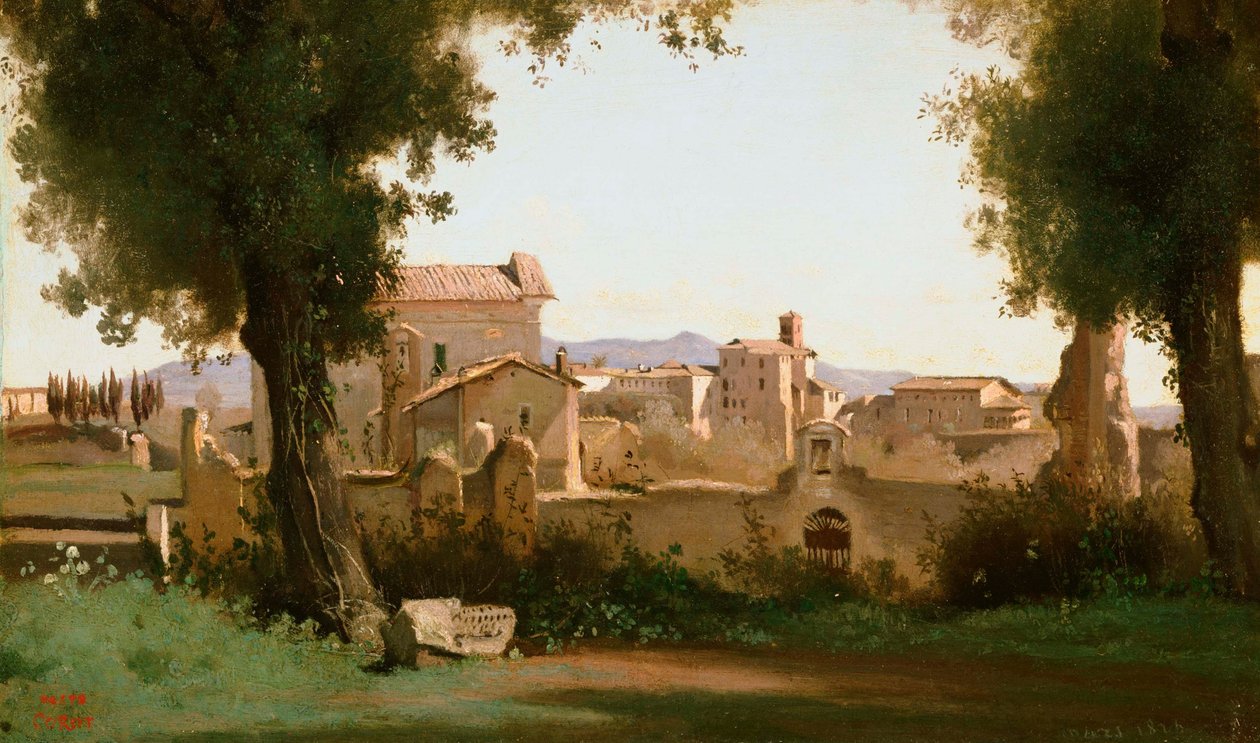 Fransk:  Vue depuis les Jardins Farnèse Udsigt fra Farnese-haverne, Rom af Jean Baptiste Camille Corot