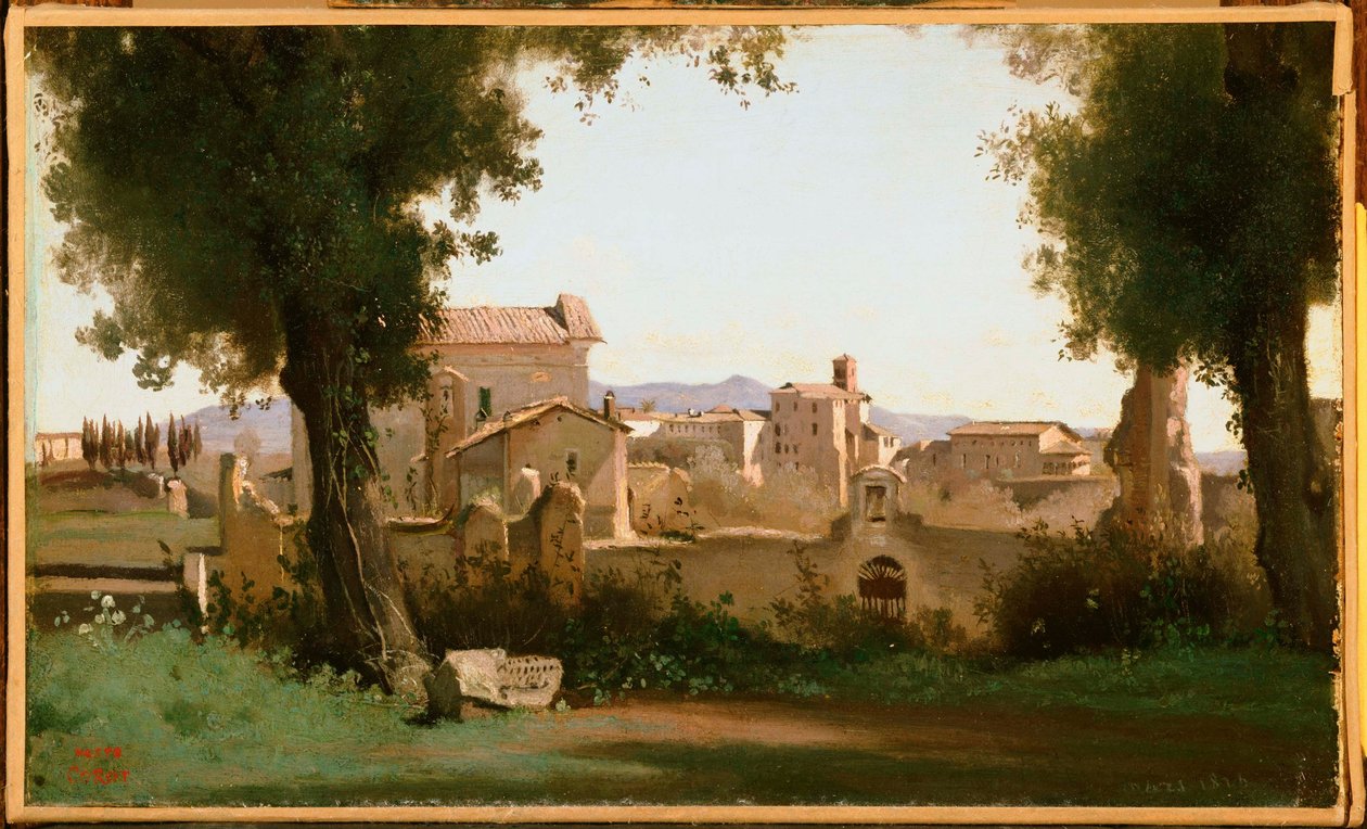 Fransk:  Vue depuis les Jardins Farnèse Udsigt fra Farnese-haverne, Rom af Jean Baptiste Camille Corot