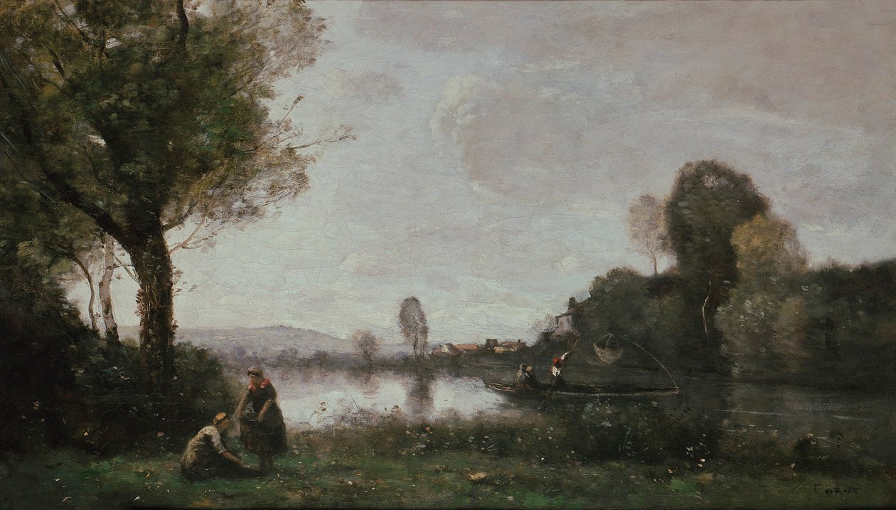Tysk: Flußlandschaft (Die Seine bei Chatou) Seines landskab nær Chatou af Jean Baptiste Camille Corot