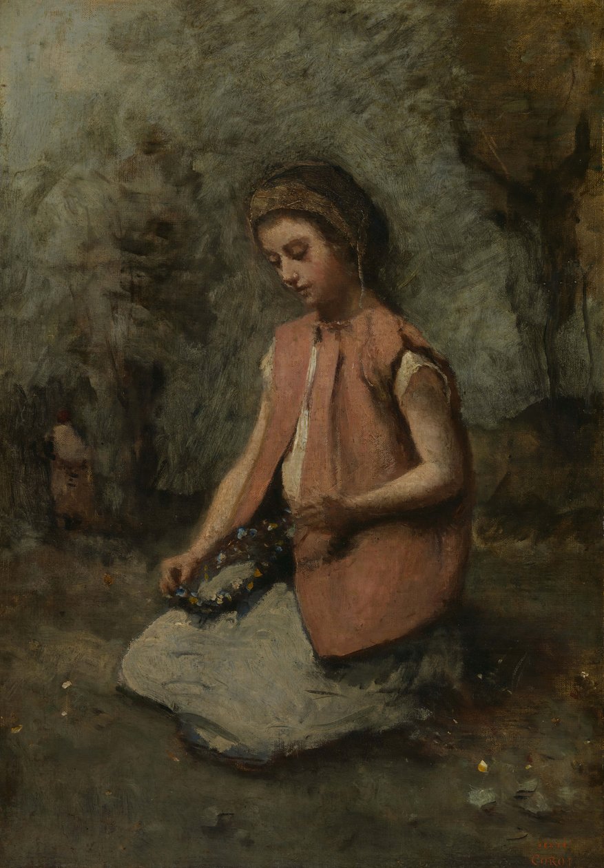 Pige, der væver en krans, 1860-65. af Jean Baptiste Camille Corot